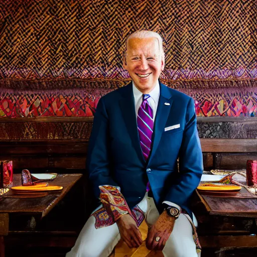 Image similar to A Photo Portrait of Joe Biden Wearing Indonesian Batik Tulis at a fancy Balinese restaurant, award winning photography, sigma 85mm Lens F/1.4, blurred background, perfect faces