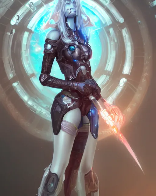 Image similar to holy cyborg necromancer girl, elegant, scifi, futuristic, utopia, garden, illustration, atmosphere, top lighting, blue eyes, white hair, focused, artstation, highly detailed, art by yuhong ding and chengwei pan and serafleur and ina wong