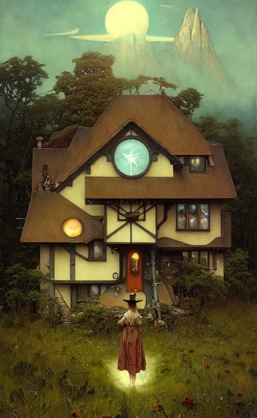 Image similar to a hyper realistic witchy cottage with solar panels on a tall hill, distant explosions in the mountains, atmospheric lighting, lush foliage, painting by chiara bautista and tom bagshaw, mucha, beksinski and norman rockwell and greg rutkowski weta studio, and lucasfilm