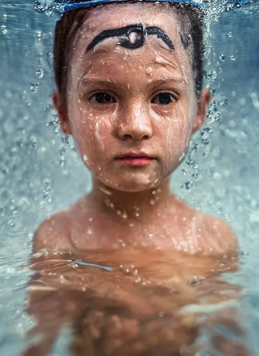 Image similar to beautiful extreme closeup portrait of a young girl fully submerged ecxept of the top of his head, horrified look in his eyes, water reflection, in style of frontiers in helmet motoracing dirt Helmets of Emperor Charles V, highly detailed, soft lighting, elegant,sigma 85mm, Edward Hopper and James Gilleard, Zdzislaw Beksinski, Steven Outram, highly detailed
