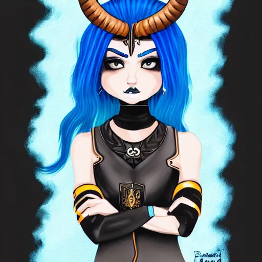 Image similar to illustrated portrait of ram-horned devil woman with blue bob hairstyle and hex #FFA500 colored skin tone and with solid black eyes and black sclera wearing leather by rossdraws