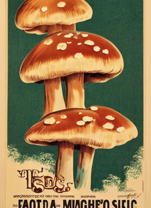 Prompt: a vintage poster of mushrooms