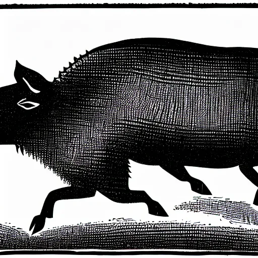 Image similar to book illustration of a wild boar dancing. the boar has shades. book illustration, monochromatic, white background, black and white image