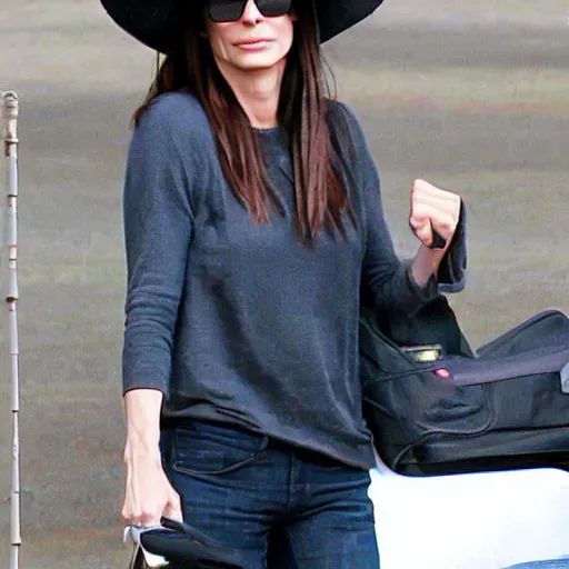 Prompt: sandra bullock wearing a very large silly hat