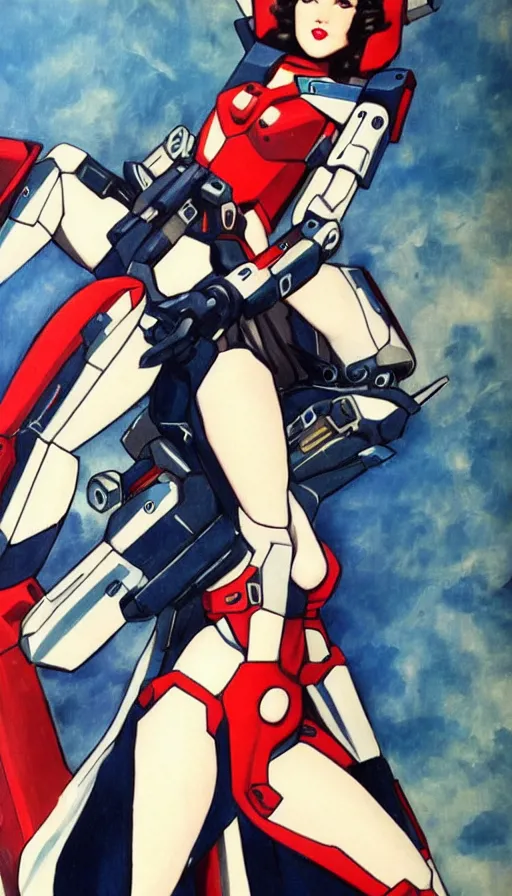 Prompt: full body cyberpunk beautiful woman, on a gundam, in the style of a 1 9 4 0 s oil painted pin - up