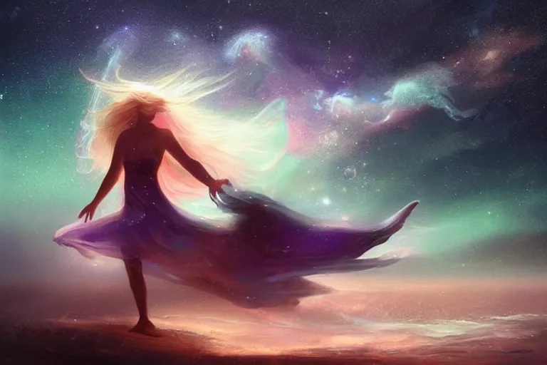 Prompt: the night sky is an upside down ocean, the stars are fish in the depths, the night sky is a sea, distant nebula are glowing algae, the ghostly cosmic star child looks down from the veil of the sky, her hair is the milky way, starscape of luminous pastels, fantasy painting by jessica rossier