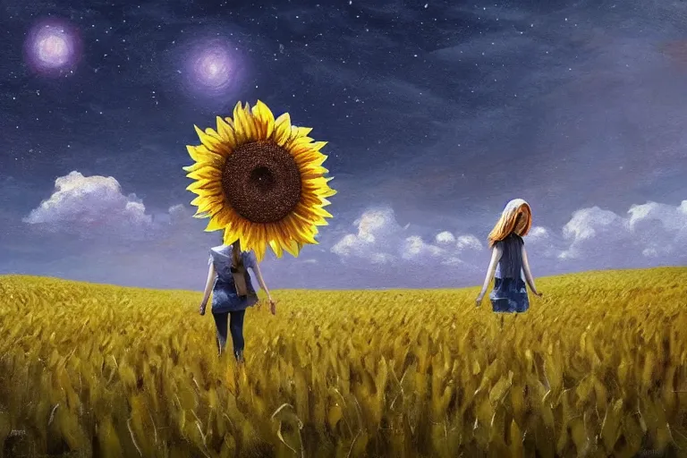 Image similar to giant sunflower as a head, girl walking in wheat field, hills, surreal photography, dark night, star trails, dramatic light, impressionist painting, clouds, digital painting, artstation, simon stalenhag