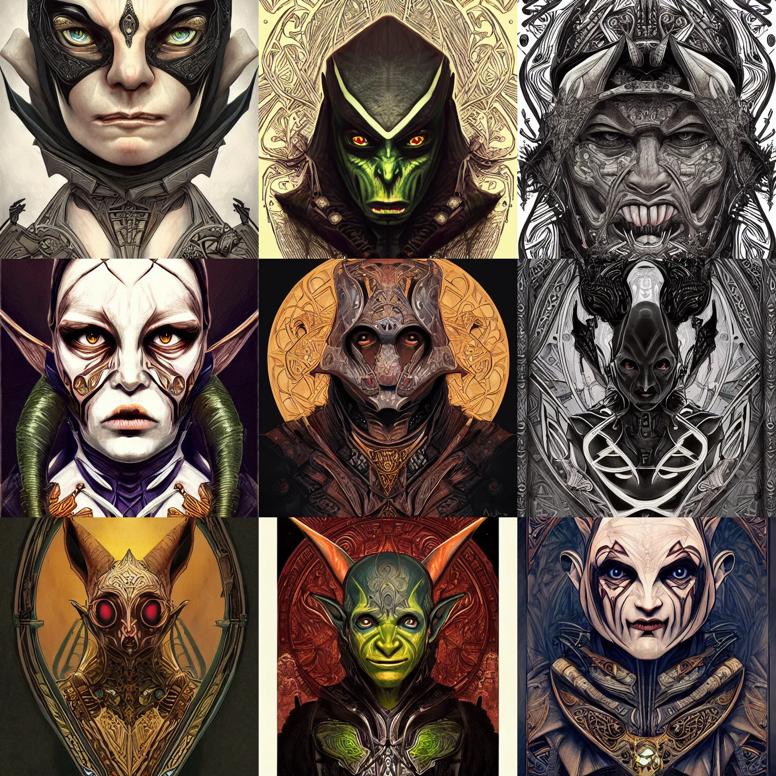 Prompt: head-on symmetrical centered painted portrait, D&D goblin assassin, black leather armour, art nouveau, tarot card style, complex tarot card background, fantasy, intricate, elegant, highly detailed, smooth, sharp focus, illustration, artstation, in the style of Artgerm and Anna Podedworna and Alex Ross and Mucha