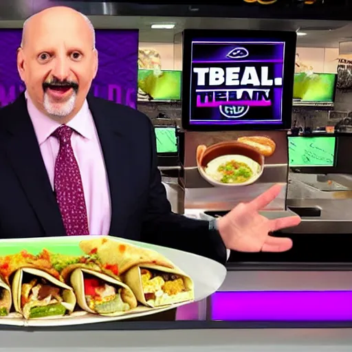 Image similar to Jim Cramer freaking out over Taco Bell's new menu item