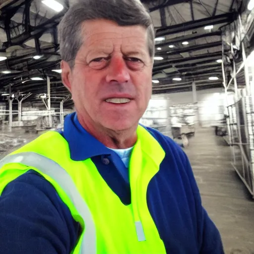 Image similar to photo, close up, john f kennedy in a hi vis vest, in warehouse, android cameraphone, 2 6 mm,