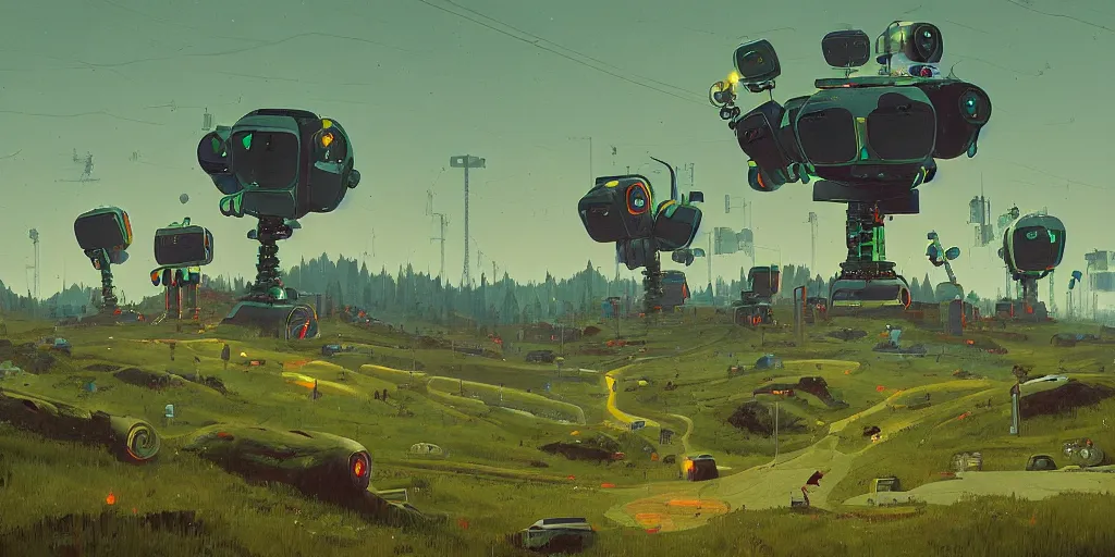 Image similar to green mountains with robots in the middle, by simon stalenhag