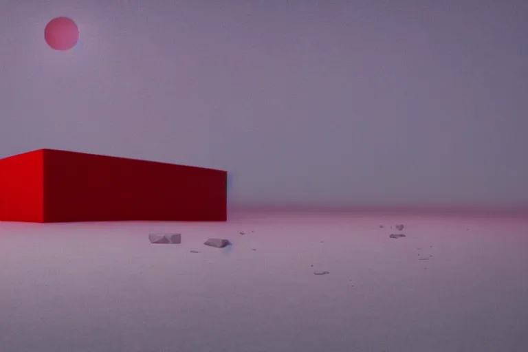 Prompt: a hd render of a surreal frozen landscape, cinematic lighting, by beeple and zdzisław beksinski, hovering red cube