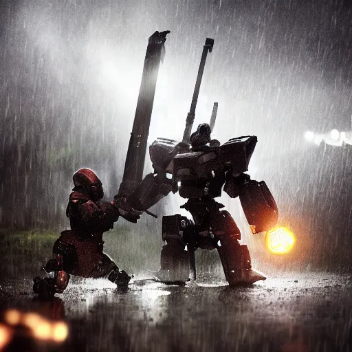 Image similar to 2 mecha warriors battling each other in heavy rain, ground fog, lighting, moody lighting, 8 k, shallow depth of field, cinematic lighting,