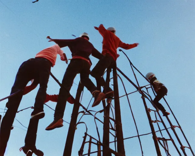 Image similar to lomo photo of roofjumpers climbing on roof of soviet hrushevka, small town, cinestill, bokeh, out of focus