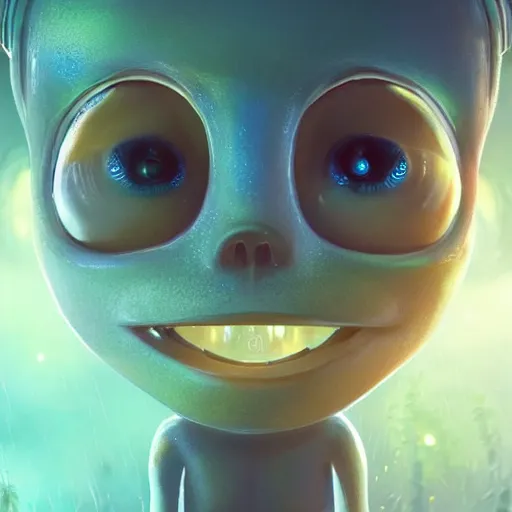 Image similar to adorable glowing alien, trending on artstation, cute, big eyes, matte painting, concept art, pixar, disney, highly detailed, cinematic composition, unreal engine, 3 d rendered in octane