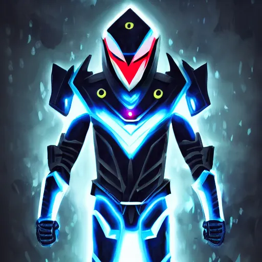 Image similar to High Fantasy Kamen Rider, glowing eyes, dark blue segmented armor, moody colors, 8k, forest plains of north yorkshire, daytime, grey rubber undersuit, tokusatsu, illustration