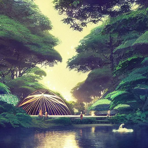 Image similar to geodesic dome in front of a lake with gardens and waterfall, gapmoe kuudere moody lighting stunning bokeh highlights sharp contrast | trending pixiv fanbox | by greg rutkowski makoto shinkai takashi takeuchi studio ghibli