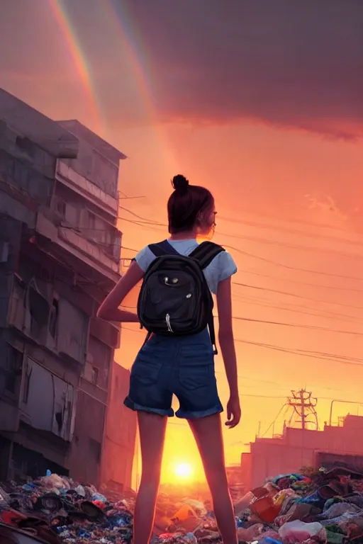 Image similar to young woman in mini short with backpack looking at food at garbage dump, destroyed cars, city is pure wasteland, moody sunset background, rays of sunlights, ( ( ( rainbow ) ) ), high details, sharp, photorealism, cinematic, greg rutkowski, artgerm, unreal engine, highly detailed