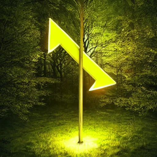 Prompt: neon sign in the shape of a arrow pointing the way in the forest at night, dynamic lighting, photorealistic concept art, hyper realism, stunning visuals