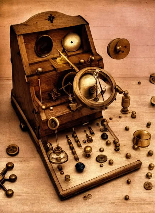 Prompt: realistic photo of a a medieval wooden astronomic scientific chemistry device made of oak wood, brass buttons 1 9 9 0, life magazine reportage photo, natural colors