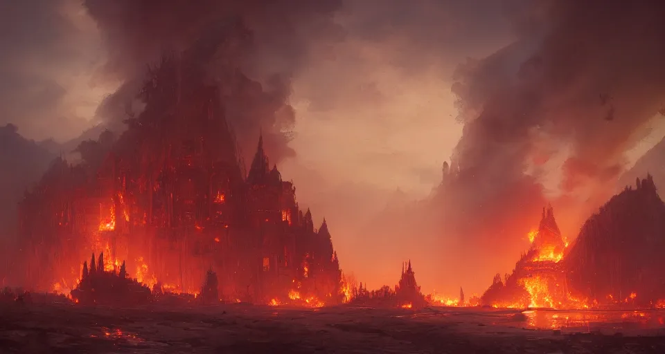 Image similar to landscape, A royal castle on fire, burning down, intense flames, dramatic lighting, cinematic, by WLOP, eddie mendoza, simon stålenhag, raphael lacoste, extremely high detail, photo realistic, cinematic lighting, post processed, concept art, trending on artstation, matte painting