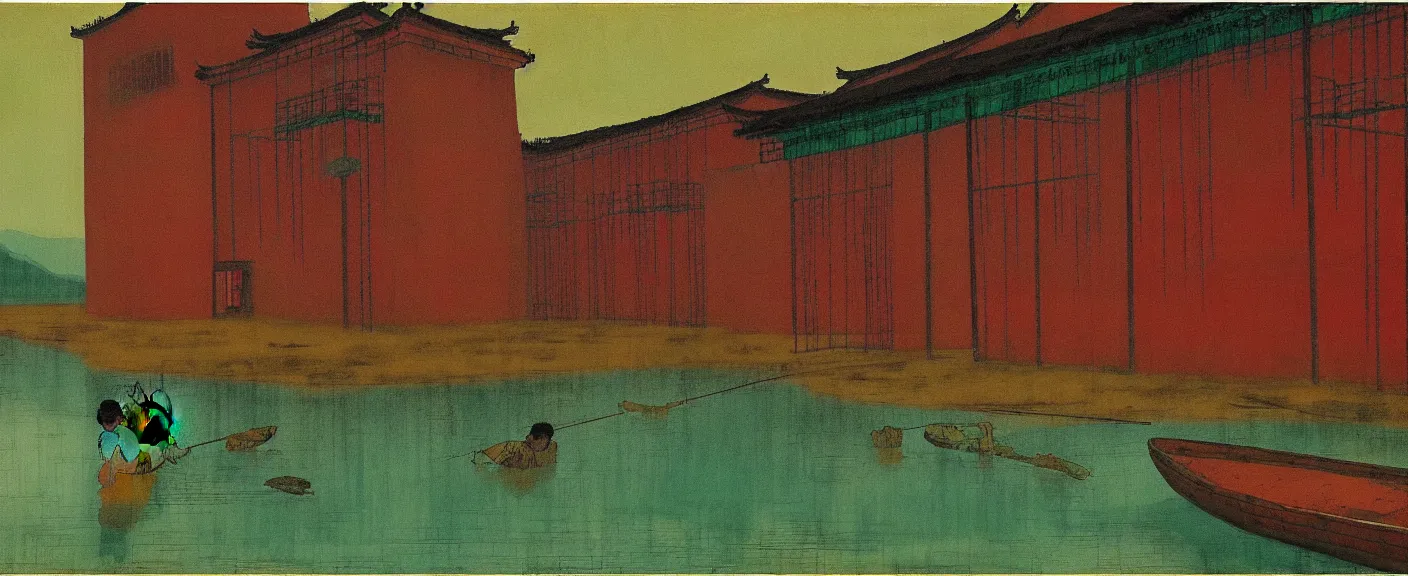 Image similar to a chinese prison near a river by peter doig, muted colors