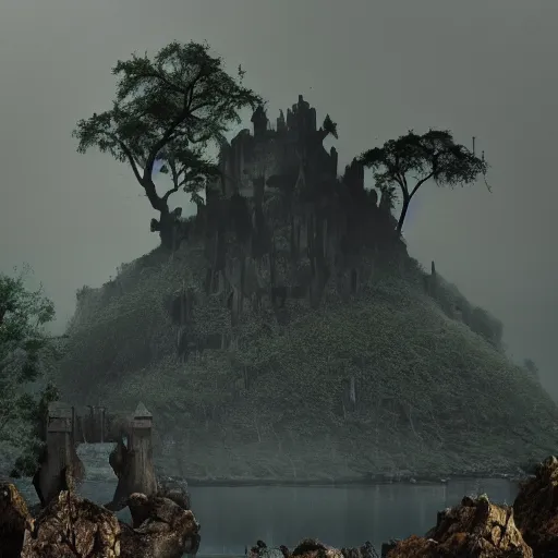 Image similar to haunted skull island, fog, cinematic