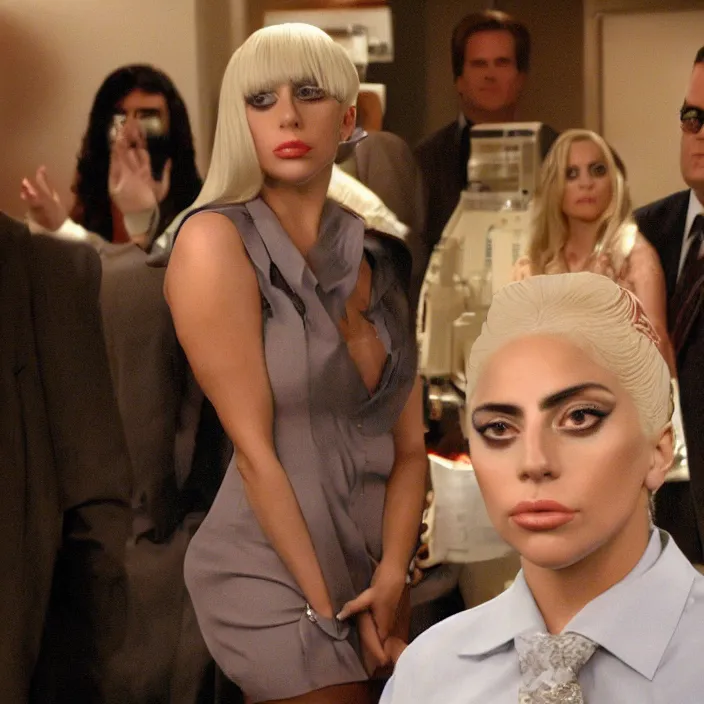 Prompt: lady gaga looking at the camera, from the office ( 2 0 0 5 ), detailed background, in the middle of dwight schrute and michael scott.