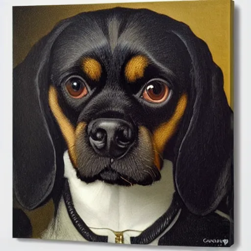 Image similar to portrait of black pugalier dog wearing an elvis costume, by caravaggio, immense detail, intricate background