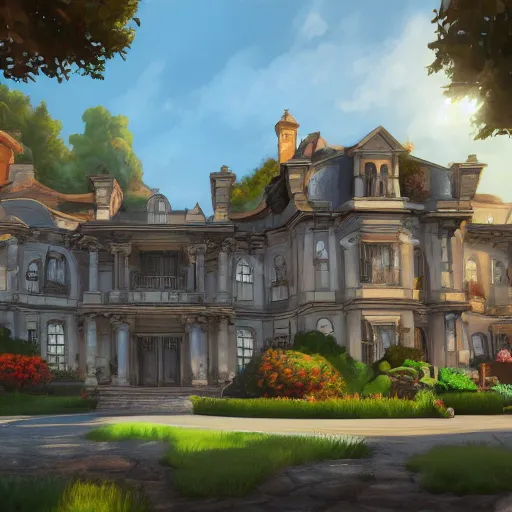 Prompt: a mansion, artwork by overwatch art team