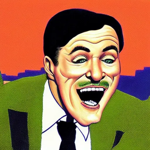 Image similar to beautiful lifelike painting of gene kelly demanding a refund on undercooked overpriced dinosaur steak in downtown dive bar bistro, hyperreal detailed facial features and uv lighting, retro pixel bitmap art by ed roth and basil wolverton