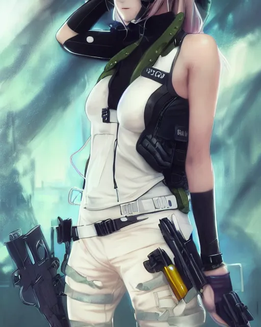 Image similar to nami, anime key visual of a young female swat officer, neon, cyberpunk, futuristic, white clothing, black vest, swat helmet, stunning, highly detailed, digital painting, smooth, soft focus, illustration, 4 k digital art from artstation by artgerm and greg rutkowski and alphonse mucha