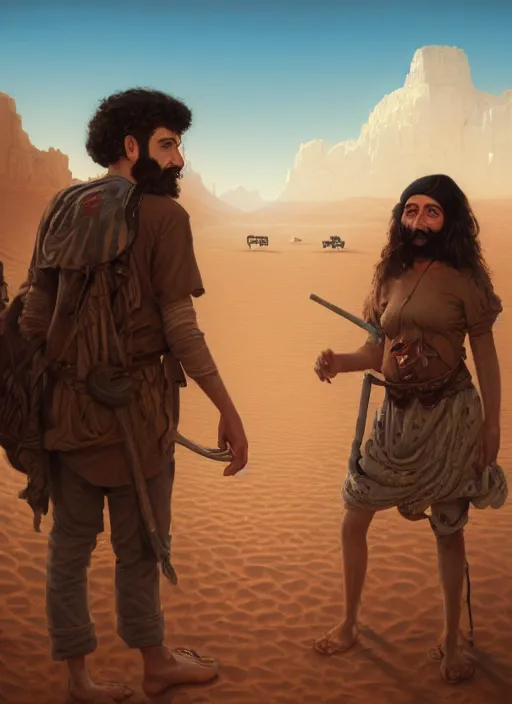 Image similar to highly detailed painting of two jews in the desert, extremely well detailed faces, unreal engine, greg rutkowski, ilya kuvshinov, ross draws, tom bagshaw, tom whalen, nicoletta ceccoli, mark ryden