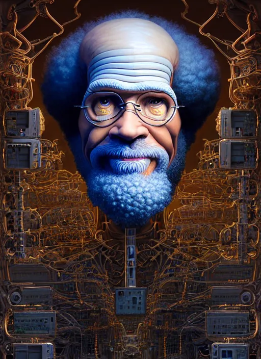 Prompt: A photorealistic 3d render of Bob Ross cyborg made of circuits wide view shot by ellen jewett , tomasz alen kopera and Justin Gerard symmetrical features, ominous, magical realism, texture, intricate, ornate, royally decorated, android format, windows, many doors, roofs, complete house , whirling smoke, embers, red adornments, red torn fabric, radiant colors, fantasy, trending on artstation, volumetric lighting, micro details, 3d sculpture, ray tracing, 8k