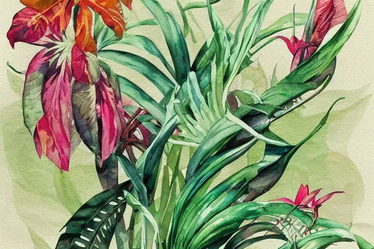 Image similar to watercolor artwork of exotic, elegant tropical prints : : green, art nouveau, trending on artstation