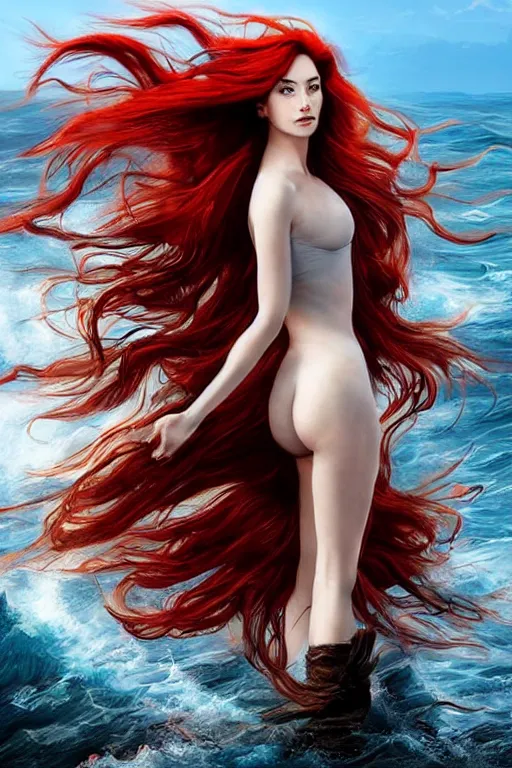 Image similar to a woman with long flowing red hair standing on a cliff overlooking a turbulent sea, artgerm, highly detailed,