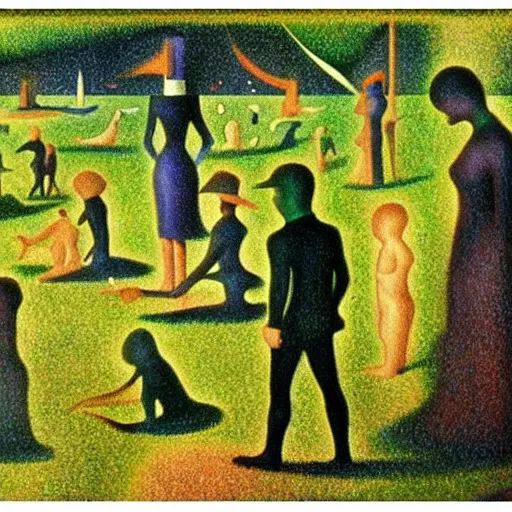 Image similar to film still of Alien painting by Georges Seurat