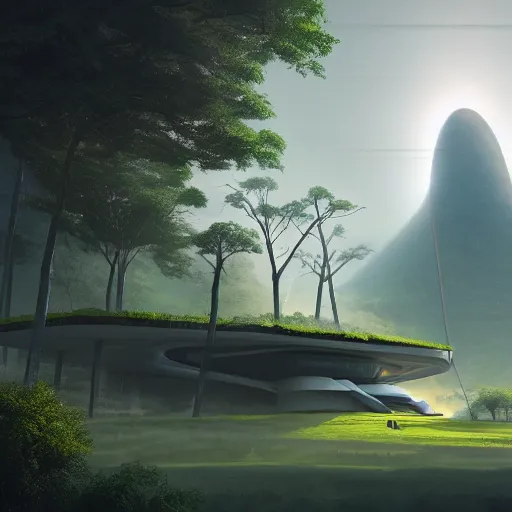 Image similar to futuristic temple between green hills with big trees, monks, shooting stars, dramatic lighting, artstation, matte painting, raphael lacoste, simon stalenhag, frank lloyd wright, zaha hadid