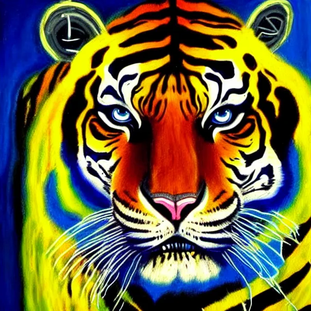 Image similar to a beautiful painting cyberpunk tiger, by jean michel basquiat realistic oil painting