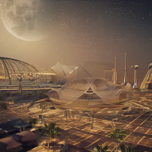 Prompt: octane render, industrial light magic, sharp professional photo inside a high - end luxurious beautiful utopian futuristic moon worlds fair, ultradetailed, photorealistic