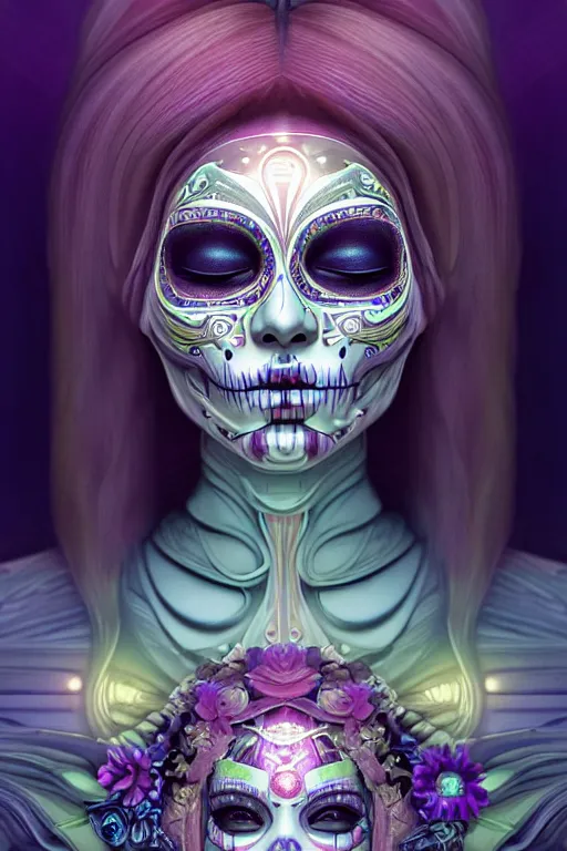 Image similar to ultra detailed female android deity, eyes closed, 8 k, flowerpunk, psychedelic vector art, digital painting, sci - fi, fantasy, moody, calm, ( dia de los muertos ), asymmetrical, concept art, art by artgerm and giger and michael welan and alphonse mucha and loish and wlop
