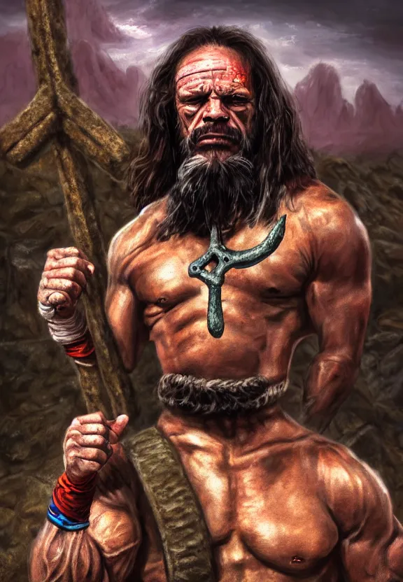 Image similar to a solitary wrestler randy savage with an anchor slung over his shoulder alone in a rocky desolate wasteland | portrait | hd 4 k | fantasy impressionist oil painting | middle earth | pathfinder | artstation | conan | darksun | d & d dungeons and dragons | barbarian