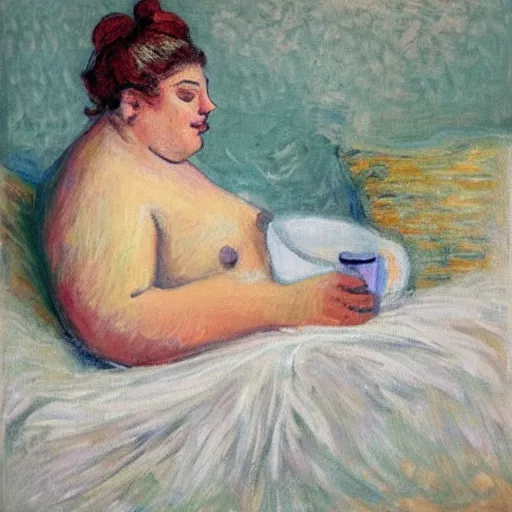 Image similar to a beautiful painting of a beautiful fat woman wearing a nightgown drinking coffee in a bed with white sheets in the style of in the style of Monet