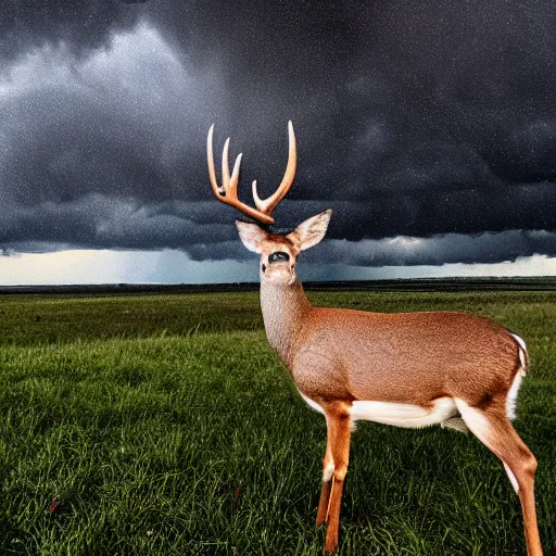 Image similar to 4 k hdr wide angle detailed portrait of a deer as a human instagram model soaking wet standing in the rain shower during a storm with thunder clouds overhead and moody stormy lighting sony a 7