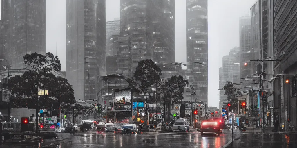 Prompt: landscape photo, stormy overcast rain, Sydney city streets