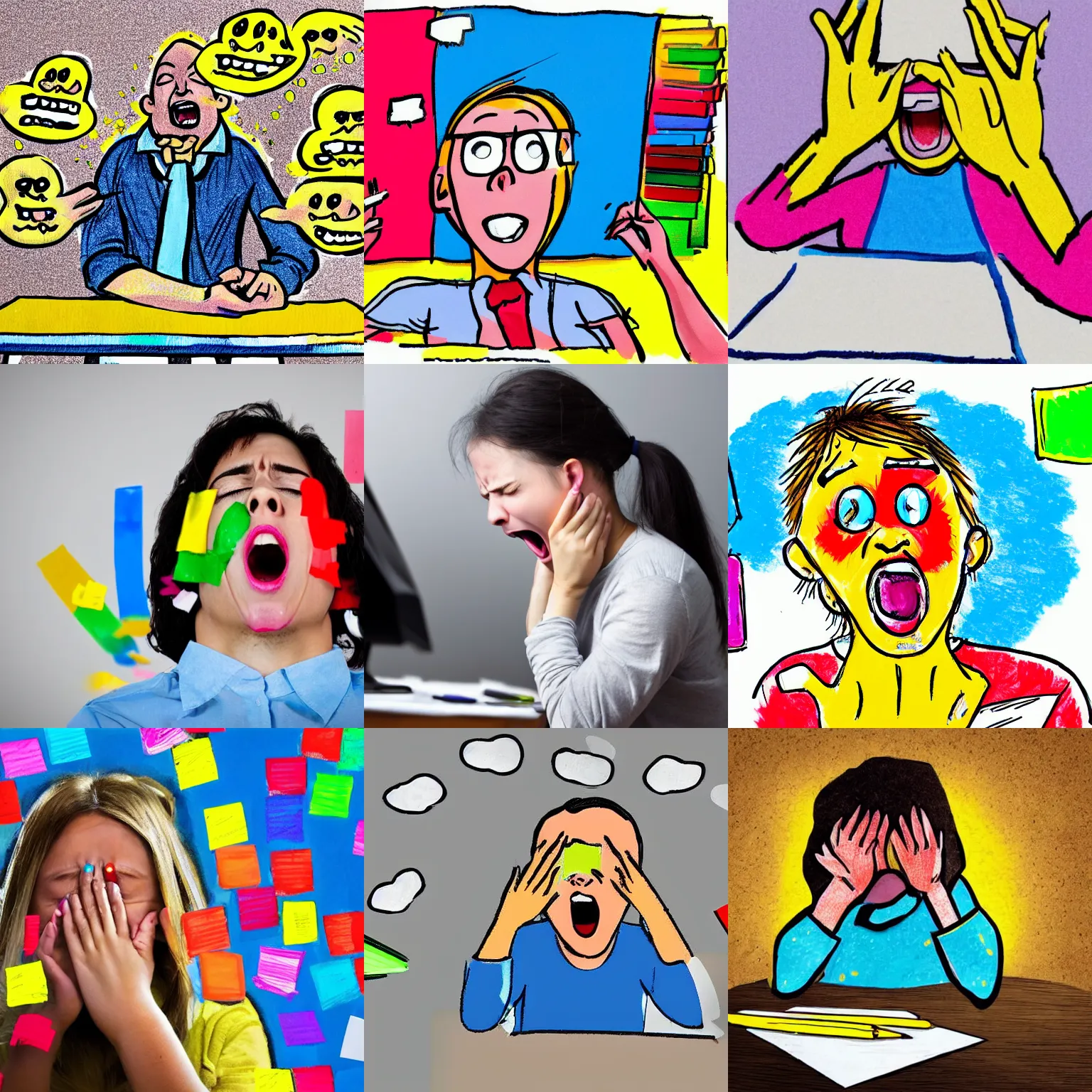 Prompt: a person yelling!!! at a computer screen angrily, crayons and paper everywhere, closed eyes