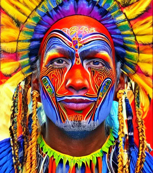 Image similar to Portrait of a shaman dressed in a colorful traditional clothes. His face is painted. Painting in the style of alex grey