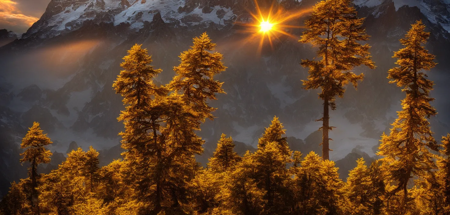 Image similar to amazing landscape photo of a lone cedar tree on a mountain by marc adamus, beautiful dramatic lighting