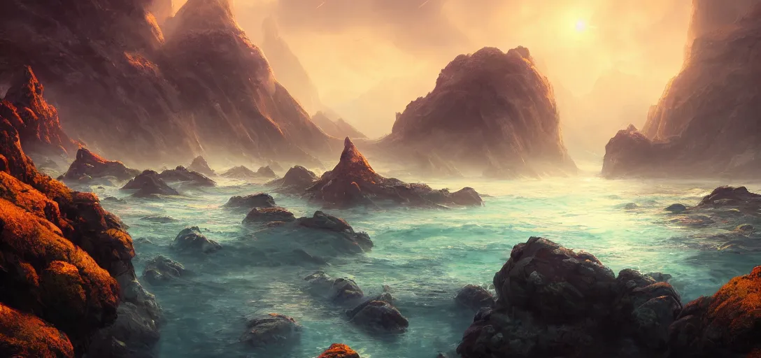Prompt: a beautiful fantasy painting of an alien coastline, small floating sky rocks, volumetric lighting, cinematic, vibrant and powerful, unreal engine, featured on artstation, wide angle, by mohammad qureshi, douglas quan and jordan grimmer