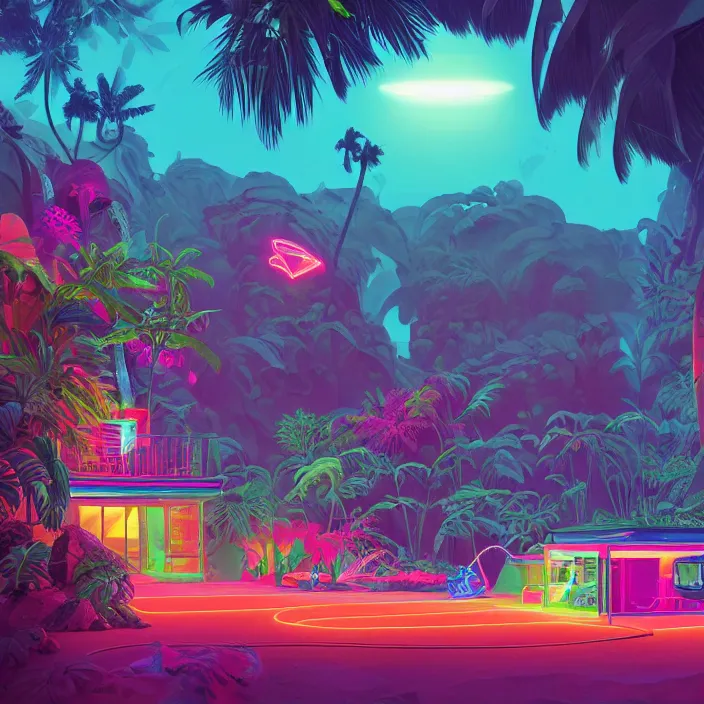 Image similar to a bioluminescent neon tropical cottage by paolo eleuteri serpieri and tomer hanuka and chesley bonestell and daniel merriam and tomokazu matsuyama, unreal engine, high resolution render, featured on artstation, octane, 8 k, highly intricate details, vivid colors, vector illustration